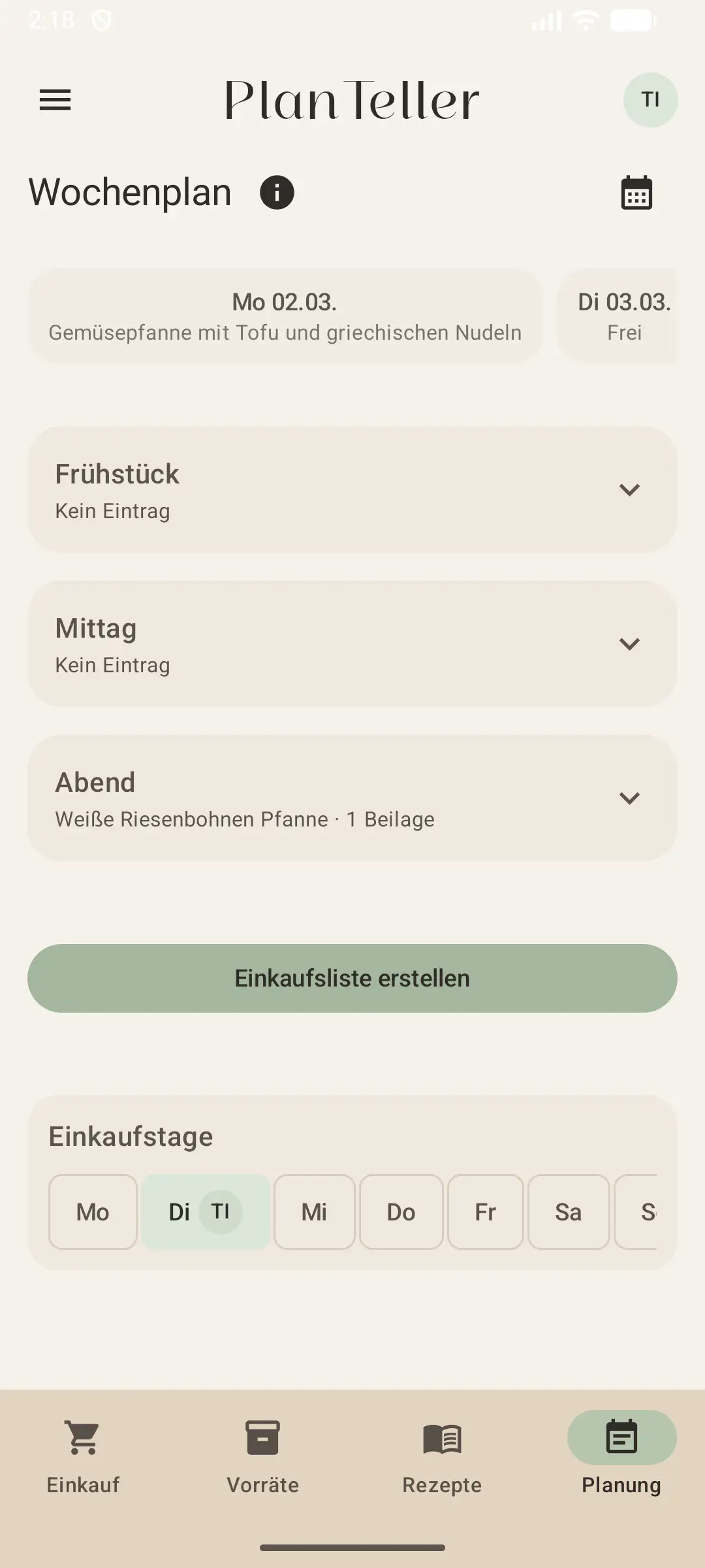PlanTeller Rezeptübersicht