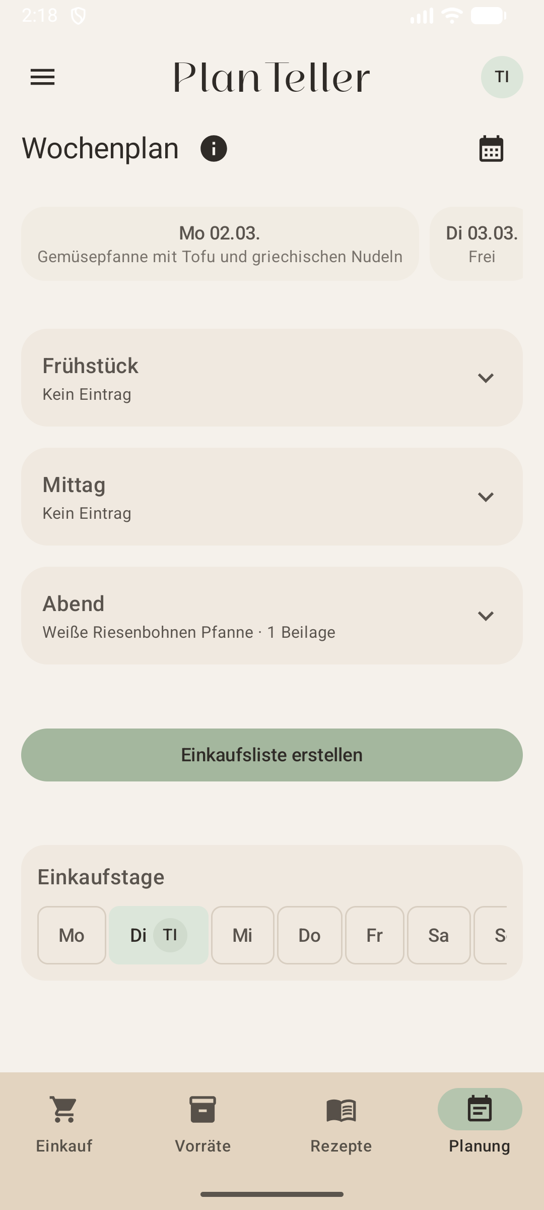 PlanTeller Rezeptliste in hellem Design