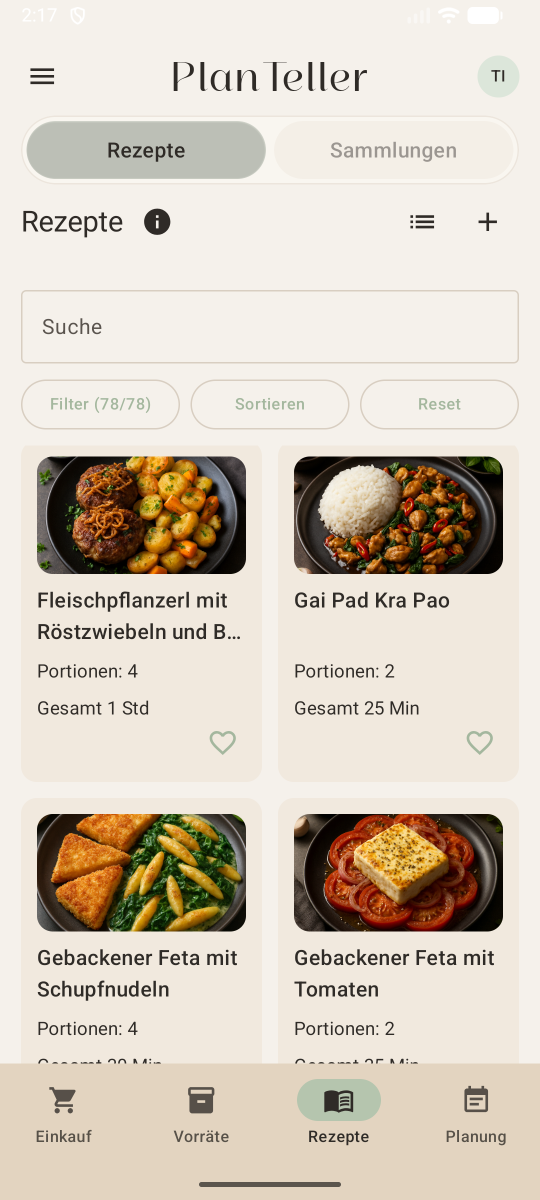 PlanTeller App Ansicht mit Rezeptübersicht